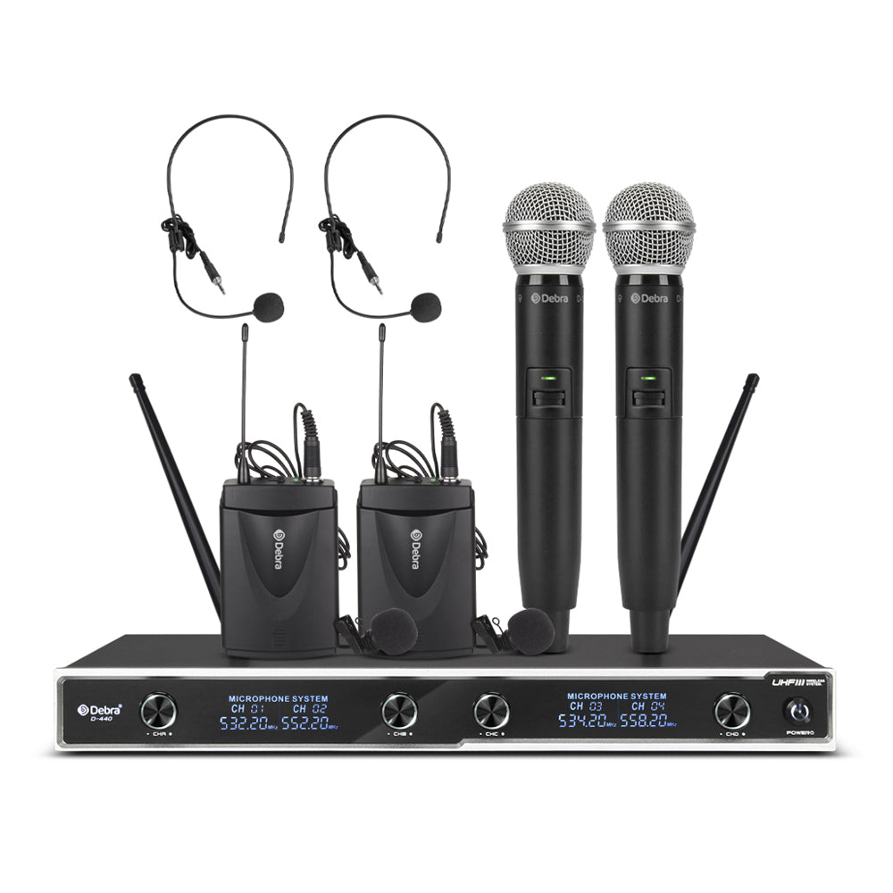 D Debra Audio D-440 !!!UHF 4-Channel Wireless Microphone System with 4 Cordless Mics, Home Karaoke KTV Set, Ideal for Party, Church, Weddings, Stage, DJ, Outdoor, 300 Ft