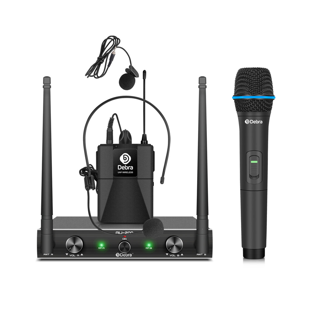 D Debra Audio AU200 Pro UHF 2 Channel Wireless Microphone System with Cordless Handheld Lavalier Headset Mics, Metal Receiver, Ideal for Karaoke Church Party