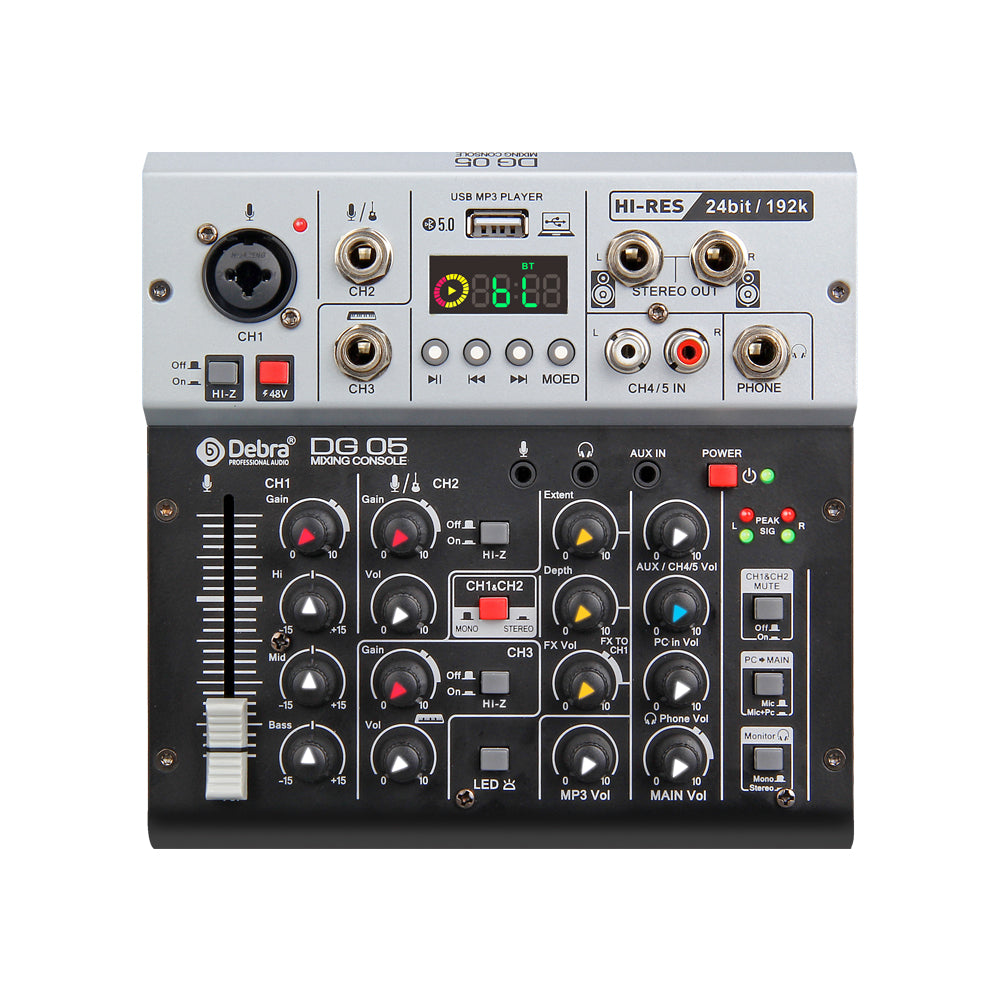 D Debra Professional Audio Mixer DG-05, 5 Channel Sound Board Mixing Console ,Mic Preamps, Audio Interface for PC Smartphone Studio Recording Webcast