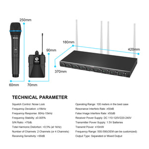 D Debra Audio AU800 Pro UHF 8 Channel Wireless Microphone System with Cordless Handheld Lavalier Headset Mics, Metal Receiver, Ideal for Karaoke Church Party