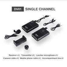 Cargar imagen en el visor de la galería, Debra Audio DV-01/02 UHF Wireless Microphone System with Lavalier Mic 30 Selectable Channels 50m Range for DSLR Camera Phone Live Recording
