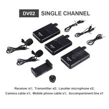 Load image into Gallery viewer, Debra Audio DV-01/02 UHF Wireless Microphone System with Lavalier Mic 30 Selectable Channels 50m Range for DSLR Camera Phone Live Recording
