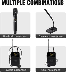 D Debra Audio Wireless Microphone System Pro DU4004 UHF 4 * 16 Adjustable Channel Wireless Handheld Lavalier Headset Mics, Ideal for Meeting Church Speech Party