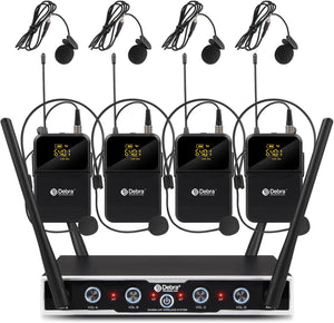 D Debra Audio Wireless Microphone System Pro DU4004 UHF 4 * 16 Adjustable Channel Wireless Handheld Lavalier Headset Mics, Ideal for Meeting Church Speech Party