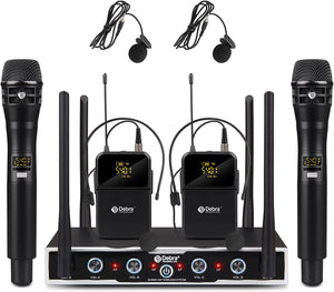 D Debra Audio Wireless Microphone System Pro DU4004 UHF 4 * 16 Adjustable Channel Wireless Handheld Lavalier Headset Mics, Ideal for Meeting Church Speech Party