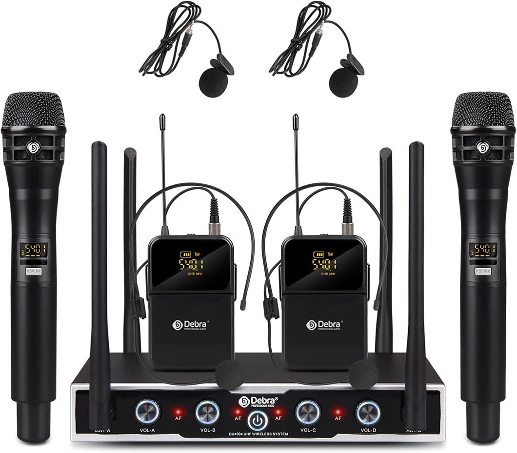 D Debra Audio Wireless Microphone System Pro DU4004 UHF 4 * 16 Adjustable Channel Wireless Handheld Lavalier Headset Mics, Ideal for Meeting Church Speech Party