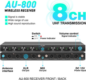 D Debra Audio AU800 Pro UHF 8 Channel Wireless Microphone System with Cordless Handheld Lavalier Headset Mics, Metal Receiver, Ideal for Karaoke Church Party