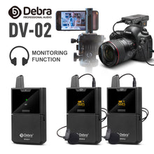 Cargar imagen en el visor de la galería, Debra Audio DV-01/02 UHF Wireless Microphone System with Lavalier Mic 30 Selectable Channels 50m Range for DSLR Camera Phone Live Recording
