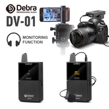 Load image into Gallery viewer, Debra Audio DV-01/02 UHF Wireless Microphone System with Lavalier Mic 30 Selectable Channels 50m Range for DSLR Camera Phone Live Recording
