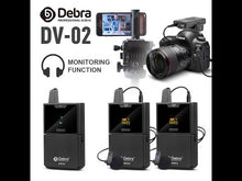 Load and play video in Gallery viewer, Debra Audio DV-01/02 UHF Wireless Microphone System with Lavalier Mic 30 Selectable Channels 50m Range for DSLR Camera Phone Live Recording
